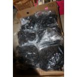 A BOX OF TWELVE BAGS OF VINTAGE BLACK SATIN SUSPENDER BELTS, EACH BAG CONTAINS APPROX TWELVE BELTS