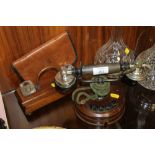 A VINTAGE GEC TELEPHONE, INKWELL STAND PLUS FISHING FLYS