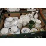 A TRAY OF CERAMICS TO INCLUDE AN ART DECO ROYAL ALBERT CATKIN PART TEA SERVICE, ROYAL WORCESTER