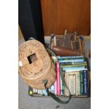 A SELECTION OF FISHING RELATED ITEMS TO INCLUDE BOOKS, WICKER BASKET, ETC.