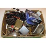 A TRAY OF COLLECTABLES TO INCLUDE LIGHTERS, CIGARETTE CASES, SEWING ITEMS, ETC