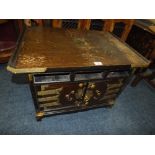 A SMALLER OAK CHINESE STYLE LOW CABINET WITH PAINTED DECORATION