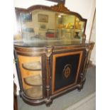 A VICTORIAN EBONISED MIRRORBACK CREDENZA, WALNUT INLAID DETAIL TO THE CENTRAL DOOR, GLAZED