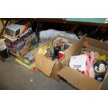 A LARGE QUANTITY OF CHILDRENS TOYS, GAMES ETC TO INCLUDE SCALEXTRIC, THUNDERBIRDS BOARD GAME ETC.