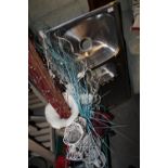 A STAINLESS STEEL SINK UNIT AND VASES, METAL SIGNS, WEIGHTS, ETC