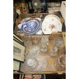 TWO TRAYS OF CHINA AND GLASSWARE TOGETHER WITH A SMALL SELECTION OF PICTURES