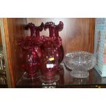 A SELECTION OF CRANBERRY GLASS VASES TOGETHER WITH A LARGE CUT GLASS BOWL