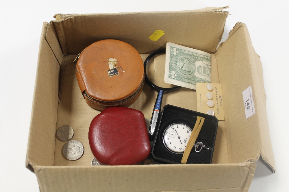 A BOX OF COLLECTABLES TO INCLUDE COINS, POCKET WATCH, ETC