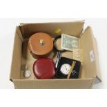 A BOX OF COLLECTABLES TO INCLUDE COINS, POCKET WATCH, ETC