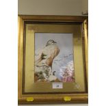 A FRAMED PAINTING ON CERAMIC DEPICTING A PTARMIGAN