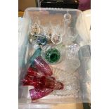 A TRAY OF ASSORTED GLASSWARE TO INCLUDE CUT GLASS DECANTERS, RUBY GLASS, ETC