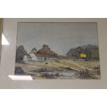 TWO FRAMED AND GLAZED WATERCOLOURS, ONE DEPICTING A FARM YARD SCENE, THE OTHER A SHIP AFLOAT