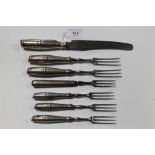 A SELECTION OF THREE PRONGED FORKS AND KNIFE, some engraved with a fleur de lys to the handle and