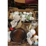 TWO TRAYS OF CHINA AND CERAMICS TOGETHER WITH A TRAY OF GLASSWARE