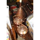 TWO ANTIQUE COPPER KETTLES, TOGETHER WITH A COPPER WARMING PAN, AND A LARGE COPPER FUNNEL