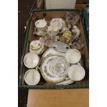 A TRAY OF COALPORT MING ROSE TEA AND DINNERWARE, TOGETHER WITH A SMALL SELECTION OF GLASSWARE, ETC