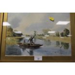 A FRAMED AND GLAZED WATERCOLOUR OF TWO PEOPLE PUNTING ON A RIVER