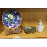 A CLOISONNE ENAMEL PLATE ON STAND TOGETHER WITH A CLOISONNE VASE AND ALSO A PAINTED BRASS BOWL