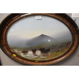 A PAIR OF SIGNED OVAL FRAMED AND GLAZED OIL PAINTINGS ON BOARD OF MOUNTAINOUS SCENES