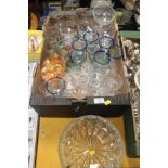 A BOX OF ASSORTED GLASSWARE, TOGETHER WITH A LARGE CUT GLASS BOWL