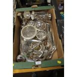 A BOX OF ASSORTED WHITE METAL ITEMS