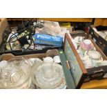 THREE TRAYS OF SUNDRIES TO INCLUDE A HALOGEN LAMP, GLASSWARE, ETC
