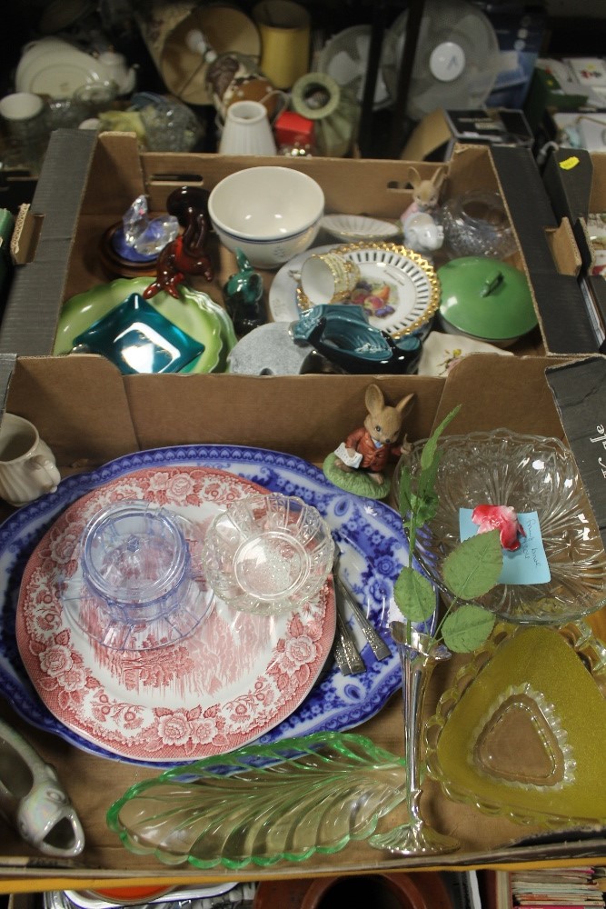 TWO TRAYS OF ASSORTED CHINA AND GLASSWARE TO INCLUDE A LARGE BLUE AND WHITE MEAT PLATE