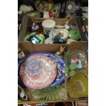 TWO TRAYS OF ASSORTED CHINA AND GLASSWARE TO INCLUDE A LARGE BLUE AND WHITE MEAT PLATE