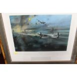 A FRAMED AND GLAZED PRINT BY ROBERT TAYLOR TITLED 'THE DAMBUSTERS' SIGNED BY LEONARD CHESHIRE, NORM