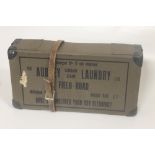 A THICK CARDBOARD DELIVERY BOX WITH METAL MOUNTED CORNERS FOR 'THE AUBREY SANITARY STEAM LAUNDRY LT
