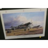 A FRAMED AND GLAZED LIMITED EDITION ROBERT TAYLOR PRINT 'EAGLE SQUADRON SCRAMBLE', signed by James