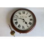 AN OAK CASED RAILWAY FUSEE WALL CLOCK WITH 'B.R - W' DIAL, with GWR tag to the side of case.