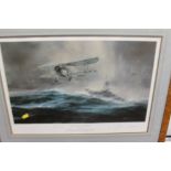 A FRAMED AND GLAZED LIMITED EDITION PRINT BY ROBERT TAYLOR 'LAUNCH AGAINST THE BISMARK', signed by