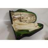 AN EARLY 20TH CENTURY SILVER PLATED EUPHONIUM OR BARITONE IN HAND CARRY CASE, marked "Besson & Co P