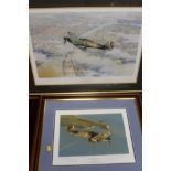 TWO FRAMED AND GLAZED ROBERT TAYLOR PRINTS 'DEFENCE OF THE REALM' SIGNED BY PETER TOWNSEND, and a l