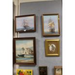 A PAIR OF FRAMED SAIL SHIP OIL ON CANVAS PICTURES SIGNED AMBROSE TOGETHER WITH A SIGNED HARBOUR
