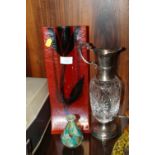 A CUT GLASS AND SILVER PLATED WATER JUG, CARNEOL ART GLASS VASE AND A SMALL MDINA GLASS VASE (3)