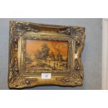 A SMALL GILT FRAMED OIL ON BOARD OF A COUNTRY SCENE