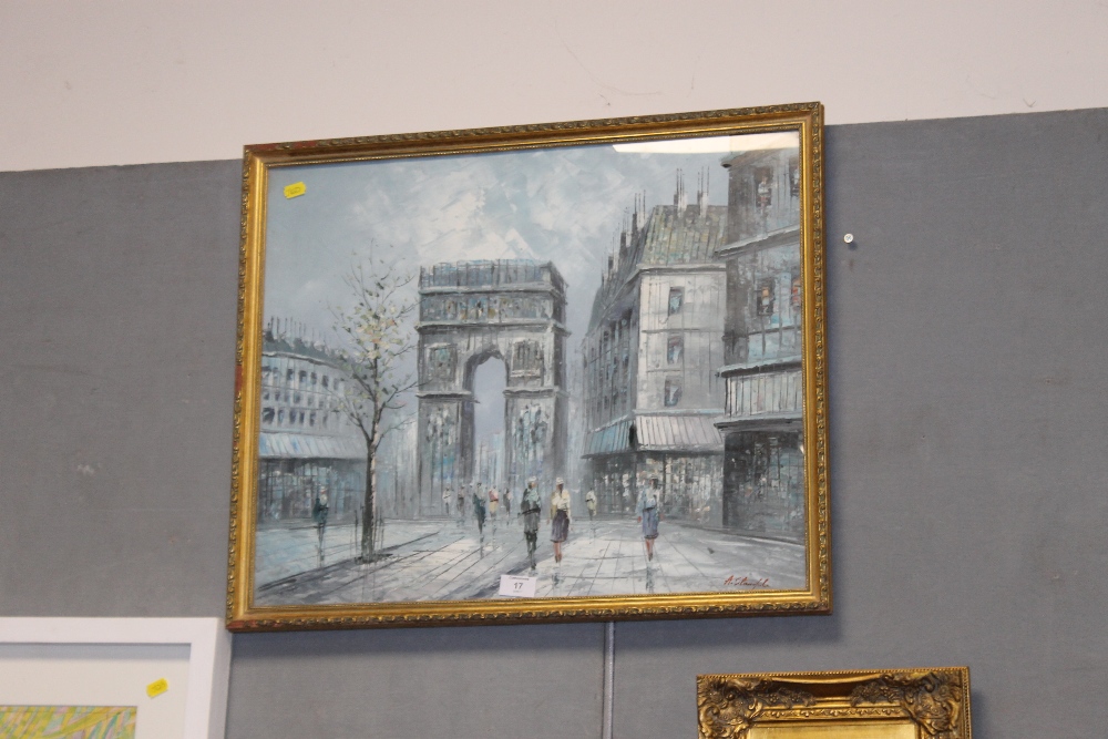 A FRAMED AND GLAZED OIL OF A PARISIAN SCENE SIGNED LOWER RIGHT