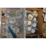A TRAY OF CONTINENTAL FIGURATIVE CHINA AND A BOX OF GLASSWARE TO INC A MDINA HORSE PAPERWEIGHT
