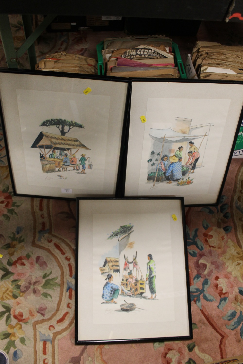 A SET OF THREE MIXED MEDIA PICTURES OF ASIAN STREET VENDOR SCENES
