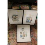 A SET OF THREE MIXED MEDIA PICTURES OF ASIAN STREET VENDOR SCENES