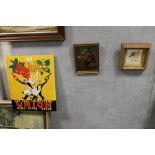 A FRENCH ADVERTISING TILE, SMALL STILL LIFE AND A SMALL FRAMED VINTAGE TILE DEPICTING PICKWICK AND