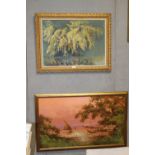 TWO LARGE GILT FRAMED SIGNED OIL PAINTINGS STILL LIFE AND BOATS BY THE SHORE