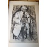 A FRAMED CHARCOAL DRAWING DEPICTING A JAZZ MUSICIAN SIGNED LOWER RIGHT