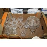 A TRAY OF CUT GLASS TO INC ROSE BOWL, DRINKING GLASSES ETC