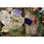 A TRAY OF GLASSWARE AND A TRAY OF CERAMICS TO INCLUDE DOULTON CRYSTAL, MASON'S ETC