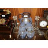 A BOWLING INTEREST JUG AND FOUR GLASS SET TOGETHER WITH VICTORIAN CANDLESTICKS AND A PLATE