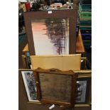 A QUANTITY OF ASSORTED PICTURES AND PRINTS, TO INCLUDE LOCAL INTEREST, A FIRE SCREEN, ETC