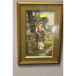 A FRAMED AND GLAZED PICTURE OF A LADY FORAGING TOGETHER WITH A PICTURE OF THE ARC DE TRIOMPHE